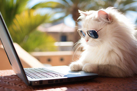 A White Cat in Cool Sunglasses on Vacation.の素材