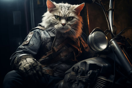 Brutal Cat Biker Takes a Seat on a Motorcycle.の素材