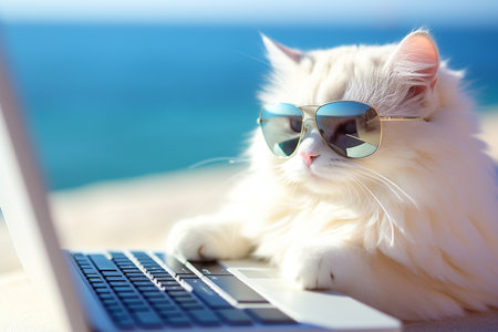 A White Feline's Stylish Vacation with Sunglasses.の素材