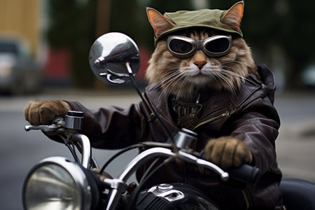 Tough Biker Cat Sits on a Motorcycle.の素材