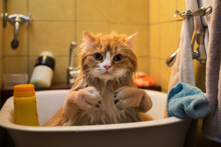 Cat Preparing to Bathe in the Bathroom.の素材