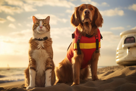 Dog and Cat Lifeguards Patrolling the Beach Together.の素材