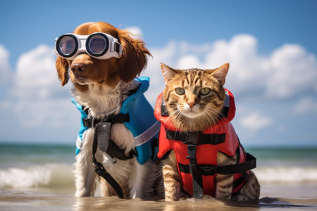 Dog and Cat Lifeguards Patrolling the Beach Together.の素材