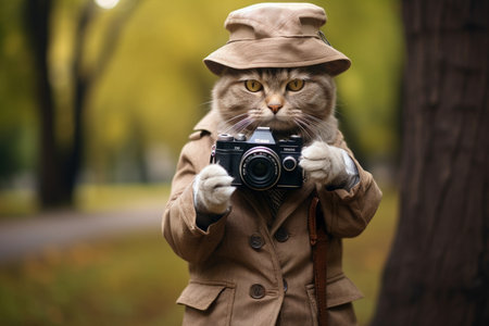 Retro-Camera-Wielding Cat's Park Adventure.の素材
