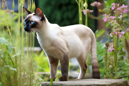 Graceful Siamese Cat in Garden Settingの素材