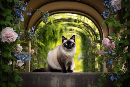 Graceful Siamese Cat in Garden Settingの素材