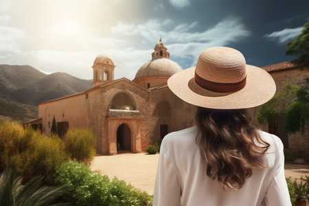 Stylish Sun Hat in Tranquil Mountain Settingの素材