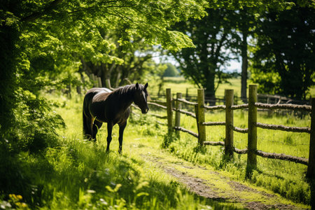 Horse Tethered to a Wooden Fence in a Lush Green Fieldの素材