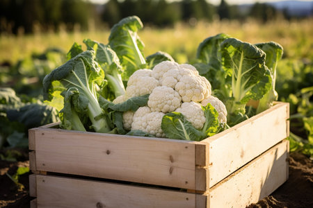 Organic Cauliflower in a Wooden Boxの素材