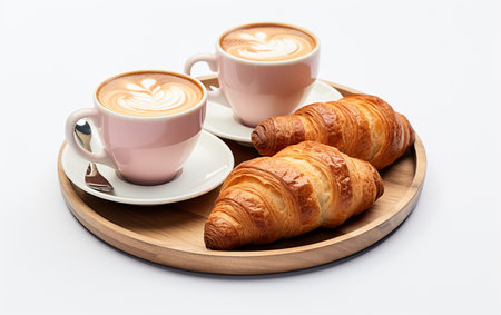 Pairing of Coffee and Croissants Against a Clean White Backdropの素材