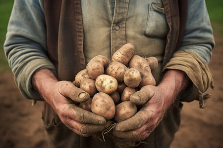 Male Farmer Proudly Holding a Potato Cropの素材