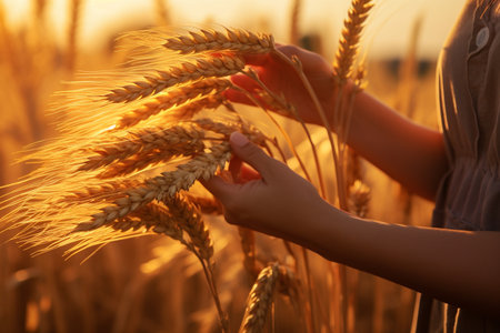 Female Hand Tending to Barley in Warm Lightの素材