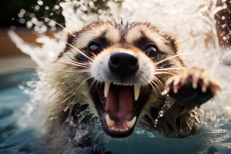 Raccoon Swimming and Playing in the Waterの素材