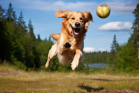 Happily Jumping Golden Retriever Catching Air in Playful Joyの素材