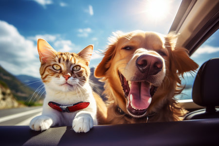 Happy Dog and Cat Together on a Road Tripの素材