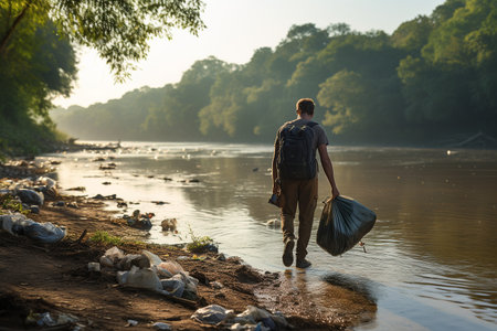 Man's Tranquil Walk along the Riverbankの素材