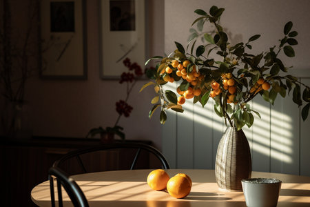 Plant with Fruit on Dining Table in Light and Shadowの素材