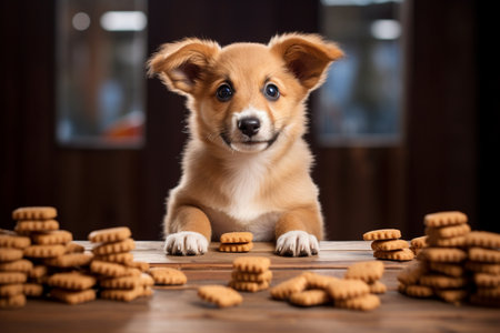 Funny Little Pup by the Wooden Table with a Bookの素材