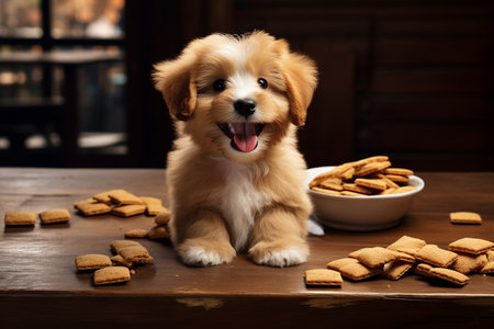 Funny Little Pup by the Wooden Table with a Bookの素材