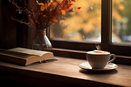 Hot Cappuccino, an Old Book, and Warm Decorの素材