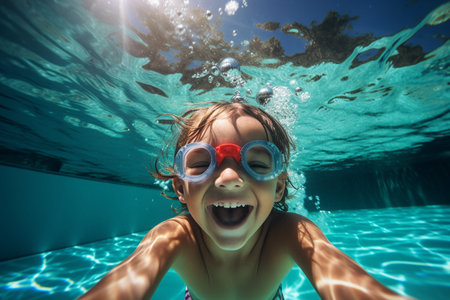 Happy Kid Having Fun Swimming Underwater in the Poolの素材