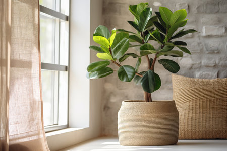Modern Indoor Green Plants in Woven Basketの素材