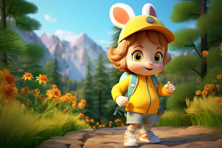 3D Cute Adorable Character Stands in Nature, Smilingの素材