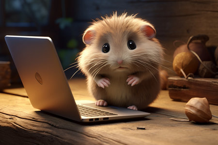 A Cute 3D Lemming Working on a Laptopの素材