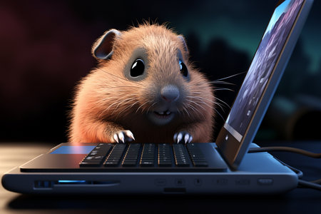 A Cute 3D Lemming Working on a Laptopの素材