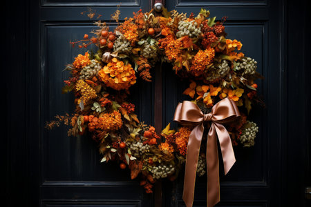 Handmade Autumn Wreath on a Brown Front Doorの素材