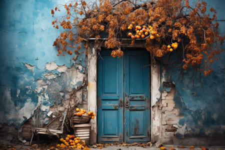 Welcoming Fall with a Wreath on a Blue Doorの素材