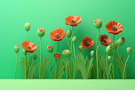 Cute 3D Cartoon of Funny Poppies in a Green Garden Generative By Ai.の素材