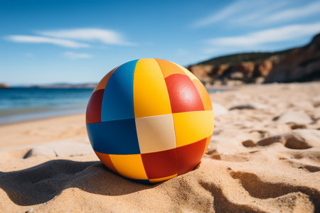 Red Yellow Blue Beach Ball on Sand.の素材