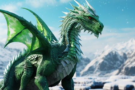 A Majestic 3D Green Dragon in Winter Generative By Ai.の素材