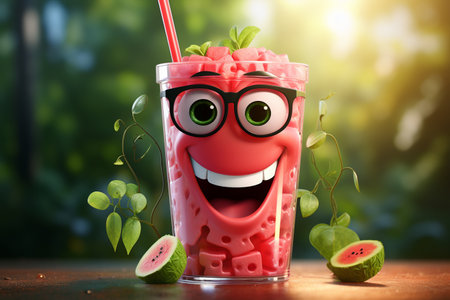 3D Smiling Watermelon Smoothie in a Glass Generative By Ai.の素材