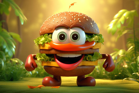 3D Cartoon Hamburger Character in Delicious Glory Generative By Aiの素材