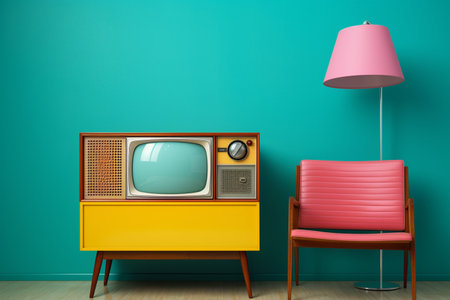 Classic TV on a Table in a Cozy Living Room generative by Ai.の素材