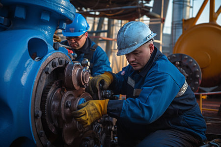 Photo of Oil Workers Repairing the Oil Pump and Pipeline Generative By Ai.の素材