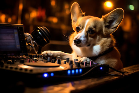 Corgi DJ with Electronic Grooves and Headphones generative by Ai.の素材