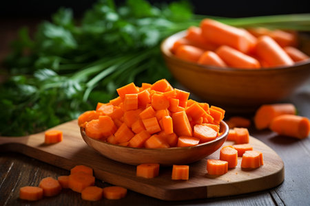 Freshly Diced and Sliced Carrots on Wood generative by Ai.の素材