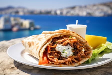 Delicious Gyros with a White Greek City generative by Ai.の素材