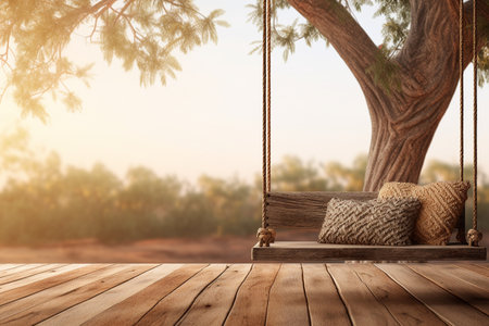 Old Wooden Terrace with Wicker Swing on a Tree generative by Ai.の素材