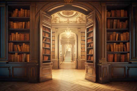 Open Door to the Vintage Library generative by Ai.の素材
