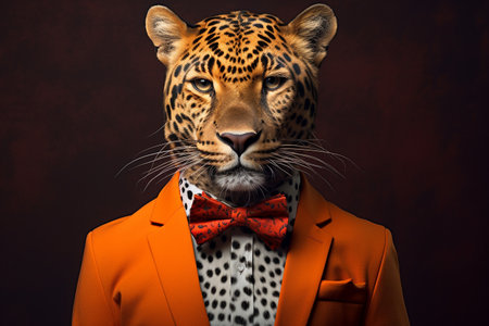 The Stylish Leopard in an Eccentric Orange Suit generative by Ai.の素材