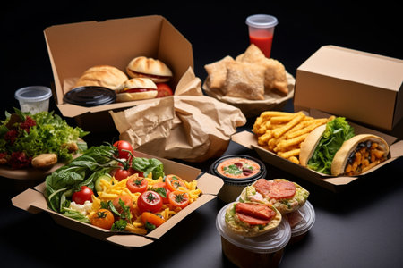 Different Tasty Foods Delivered to the Office generative by Ai.の素材