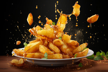 Crispy Fried Potatoes in Mid-Air generative by Ai.の素材