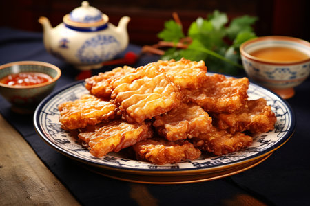 Indulging in the Exquisite Flavor of Traditional Chinese Fried Crisp Meat Generative by Ai.の素材