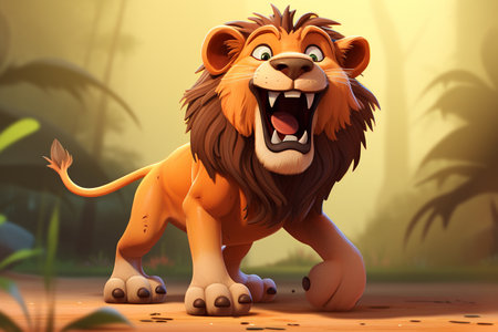 Friendly and Cute Roaring Lion Cartoon Character Generative By Ai.の素材