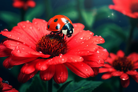 Ladybug Enjoying a Red Floral Perch in Nature's Garden Generative by Ai.の素材