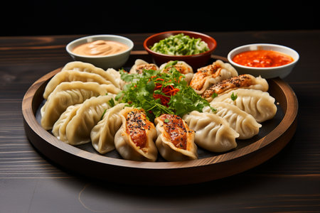 Tasty Dumplings and Sides on a Culinary Platter generative by Ai.の素材
